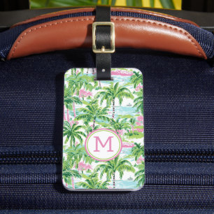 Étiquette À Bagage Palmier tropical rose et vert de Preppy
