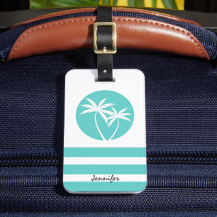 Étiquette À Bagage Palmiers tropicaux et rayures avec votre nom