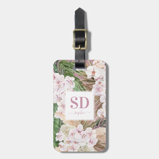 Étiquette À Bagage Pampas herbe, orchidée, feuillage tropical texte (Devant Vertical)