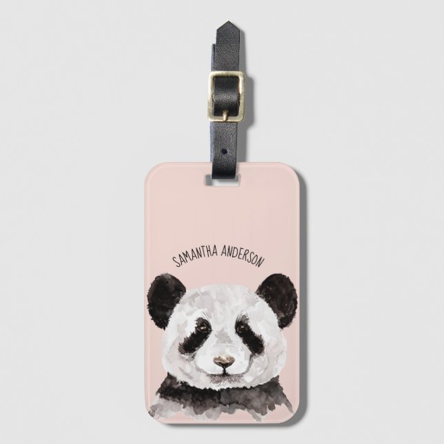 Étiquette À Bagage Panda Aquarelle Moderne Avec Nom Et Pastel Rose (Devant Vertical)
