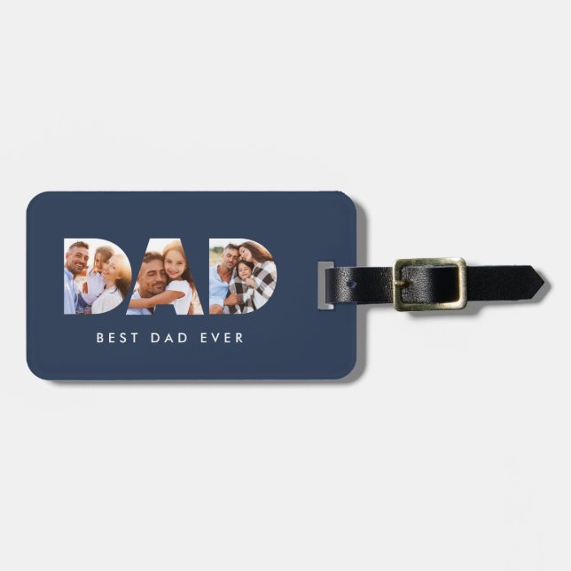 Étiquette À Bagage Papa multi photo typographie marine bleu moderne (Devant horizontal)