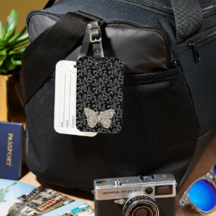 Étiquette À Bagage Papillon à bijou floral noir chic