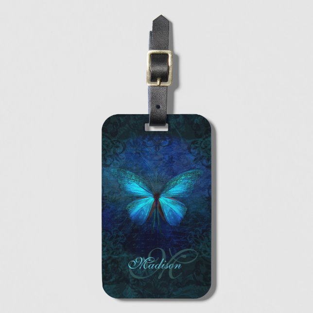 Étiquette À Bagage Papillon bleu monogramme (Devant Vertical)