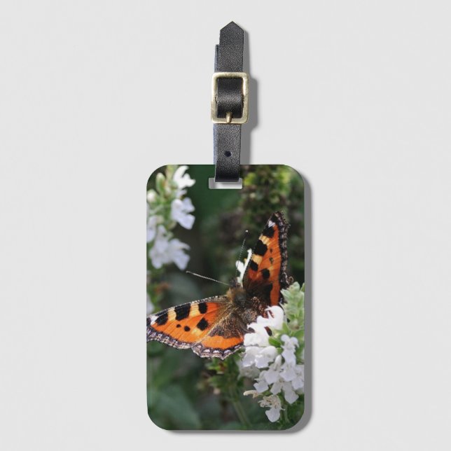 Étiquette À Bagage Papillon orange et fleurs blanches (Devant Vertical)