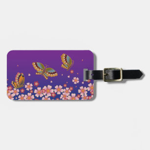 Étiquette À Bagage Papillons japonais et sakura fleurissent bleu viol