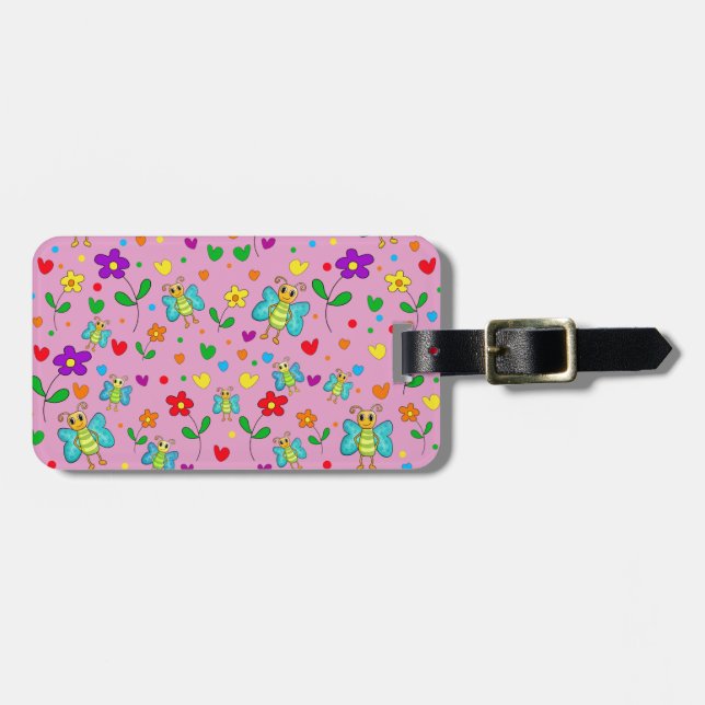 Étiquette À Bagage Papillons mignons et fleurs motif - rose (Devant horizontal)