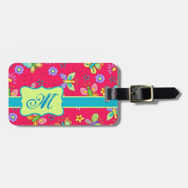 Étiquette À Bagage Papillons Whimsy moderne sur Monogramme rouge pers (Devant horizontal)