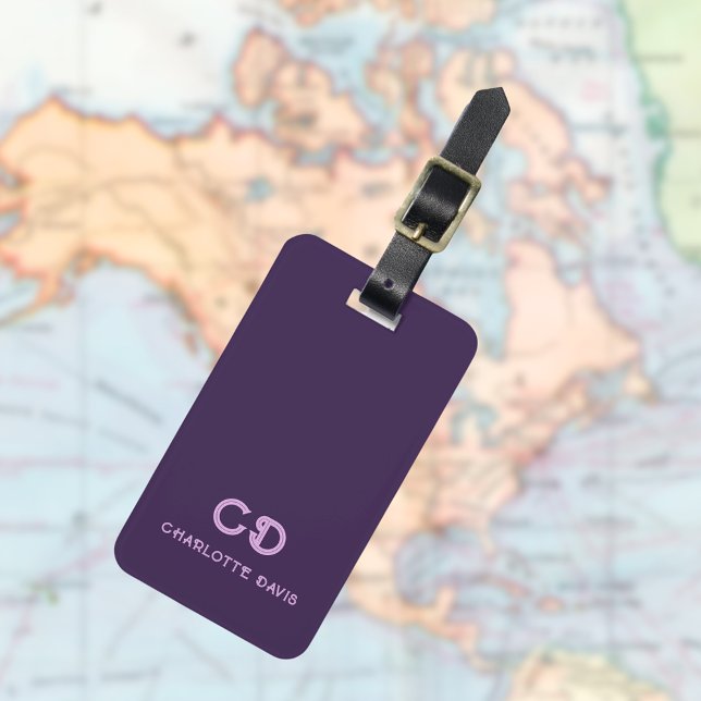 Étiquette À Bagage Paraphes monogramme personnalisé violet moderne (Créateur téléchargé)