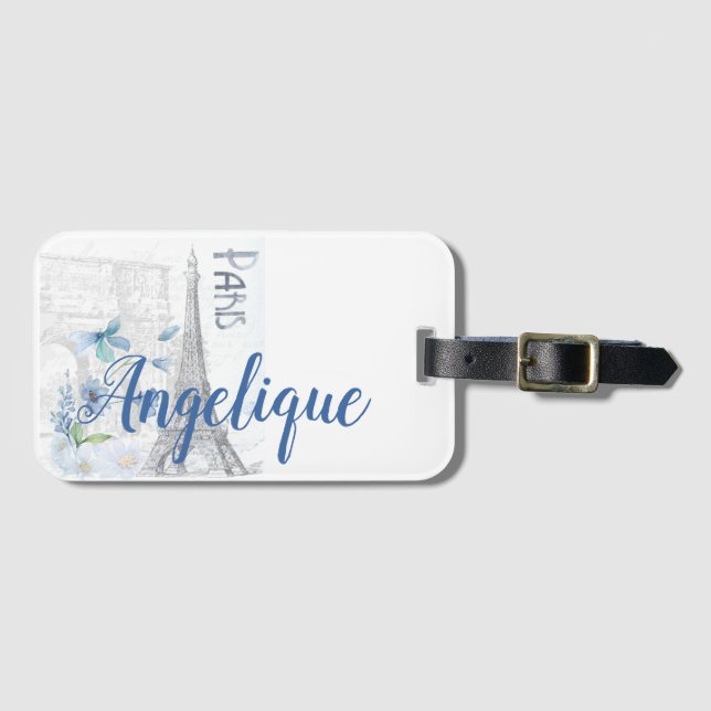 Étiquette À Bagage Paris Scène et Fleurs Bleues Personnalisées (Devant Horizontal)