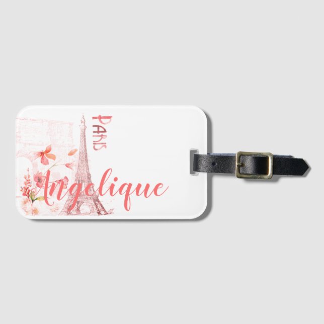 Étiquette À Bagage Paris Scène et Fleurs roses Personnalisées (Devant Horizontal)