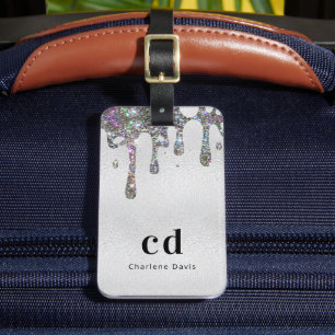 Étiquette À Bagage Parties scintillant argent goutte nom monogramme