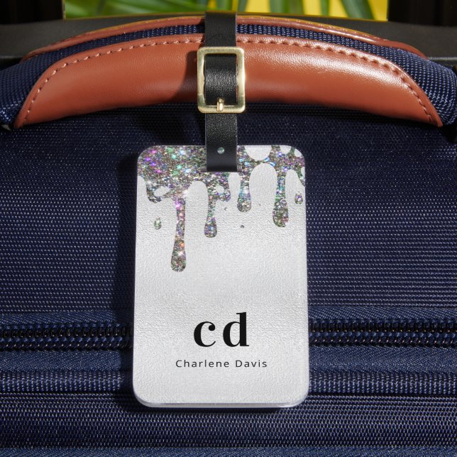 Étiquette À Bagage Parties scintillant argent goutte nom monogramme (Insitu Rectoal 2)
