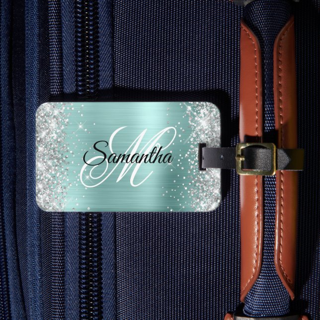 Étiquette À Bagage Parties scintillant Argent Pale Turquoise Foil Fan (Insitu Rectoal 4)