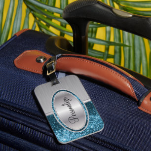Étiquette À Bagage Parties scintillant bleue turquoise et acier bross