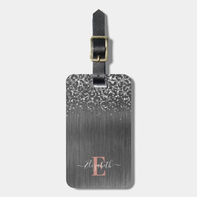 Étiquette À Bagage Parties scintillant d'argent brossé Monogramme mét (Devant Vertical)
