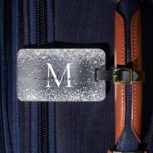Étiquette À Bagage Parties scintillant gris argent brossé Monogramme