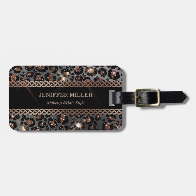 Étiquette À Bagage Parties scintillant Leopard Black Gold personnalis (Devant horizontal)