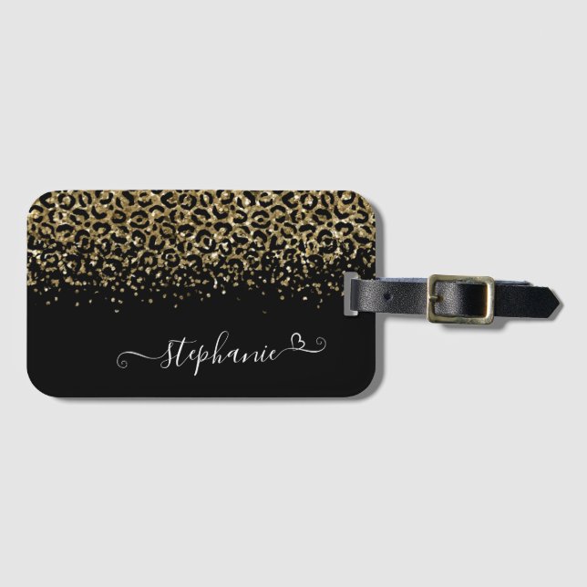 Étiquette À Bagage Parties scintillant léopard or Monogramme noir (Devant Horizontal)