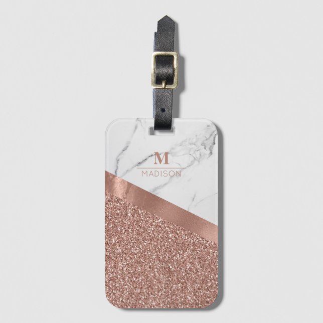 Étiquette À Bagage Parties scintillant or Rose fille | Monogramme de  (Devant Vertical)