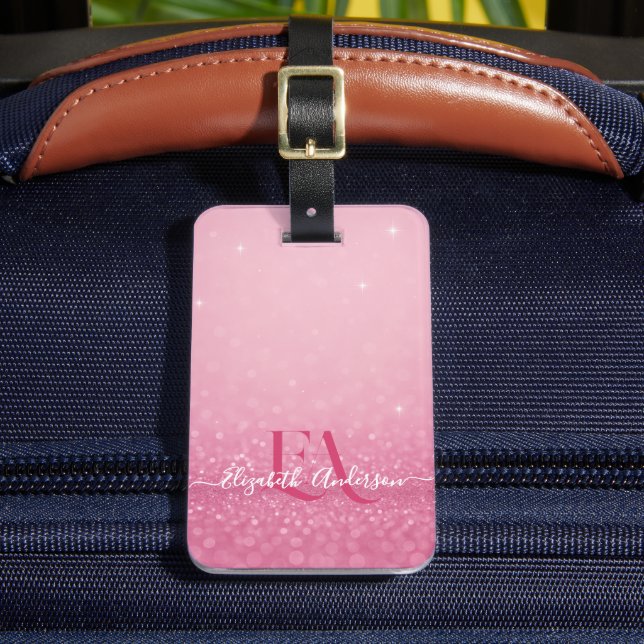 Étiquette À Bagage Parties scintillant rose avec nom et initiales - (Insitu Rectoal 2)