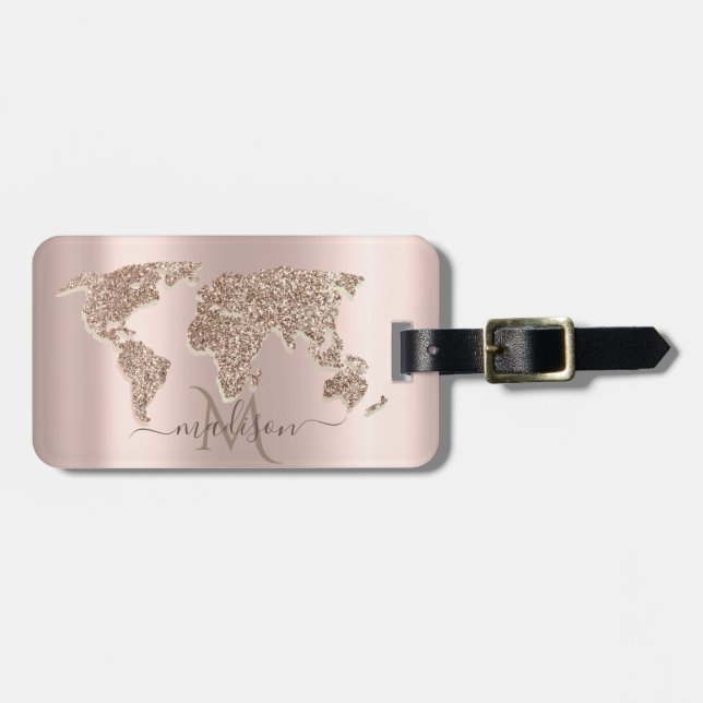 Étiquette À Bagage Parties scintillant World Map Voyage Rose Gold Mon (Devant horizontal)