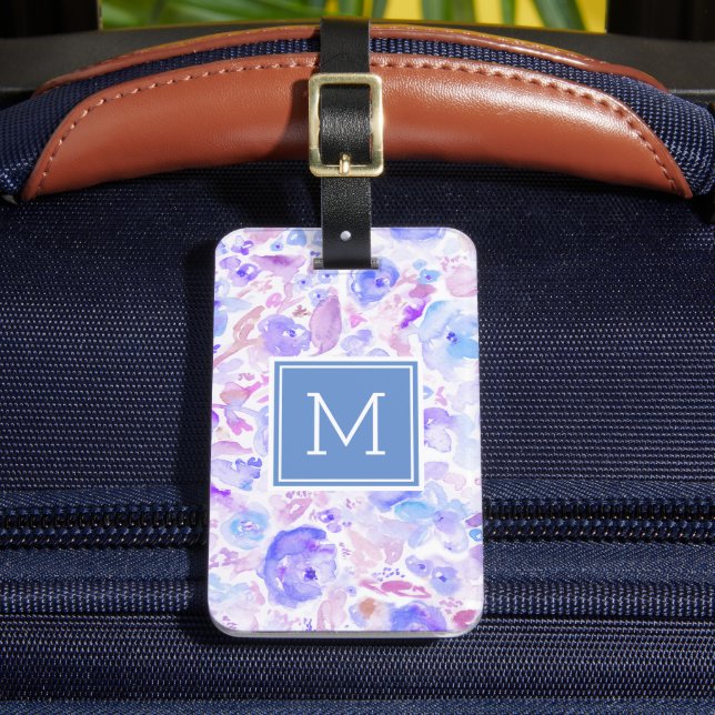 Étiquette À Bagage Pastel Blue et violet Floral sur mesure Monogramme (Insitu Rectoal 2)