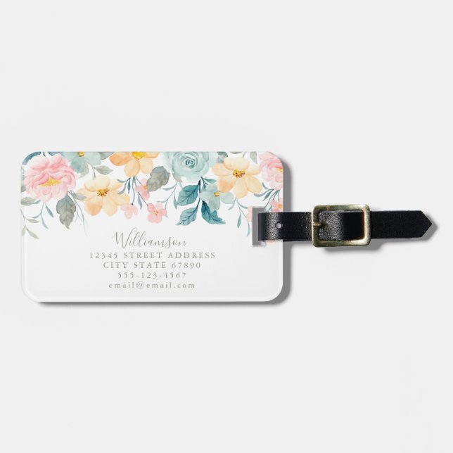 Étiquette À Bagage Pastel Turquoise rose Aquarelle Floral Personnalis (Devant horizontal)