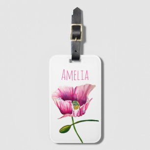 Étiquette À Bagage Pavot rose aquarelle jolie fleur