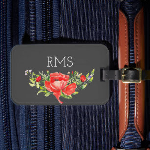 Étiquette À Bagage Pavot rouge sur gris Monogramme personnalisable