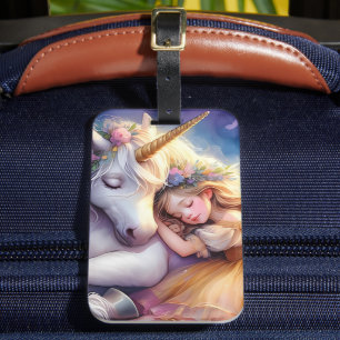 Étiquette À Bagage Paysage de rêve de licorne de fille endormie