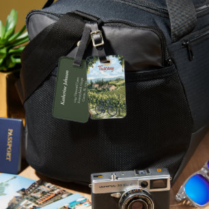 Étiquette À Bagage Paysage toscan avec vignobles et un vélo