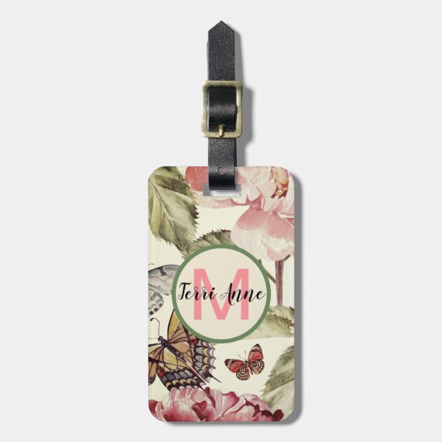 Étiquette À Bagage Peine et papillons avec Monogramme dans un cercle (Devant Vertical)