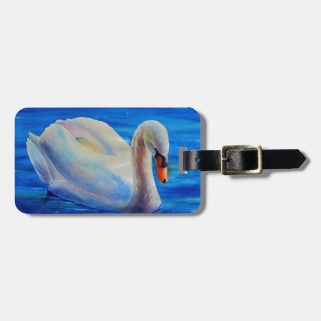 Étiquette À Bagage Peinture d'aquarelle de cygne blanc, sauvagine, oi (Devant horizontal)
