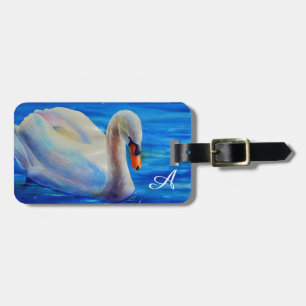 Étiquette À Bagage Peinture d'aquarelle de cygne blanc, sauvagine, oi