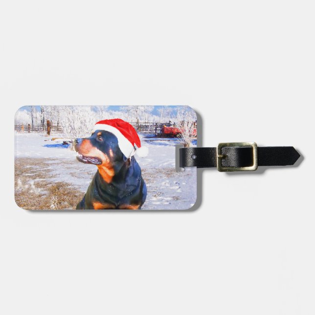 Étiquette À Bagage Peinture de Noël de chien Rottweiler (Devant horizontal)