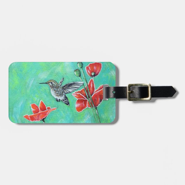 Étiquette À Bagage Peinture des colibris et des pavots (Devant horizontal)