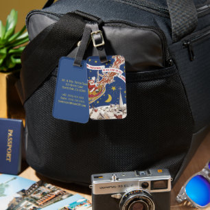 Étiquette À Bagage Père Noël vintage de Noël avec rennes en vol