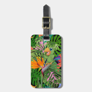 Étiquette À Bagage Perroquet de dessin animé, feuilles de palmier - P