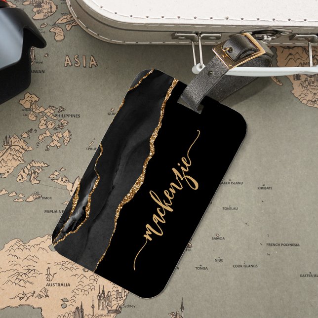 Étiquette À Bagage Personalized Black Gold Agate Signature (Créateur téléchargé)