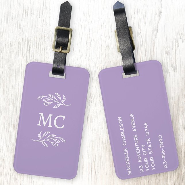 Étiquette À Bagage Personalized Monogram Initials Botanical Leaf (Personalized monogram initial botanical leaf art minimalist pastel lilac purple luggage tag)