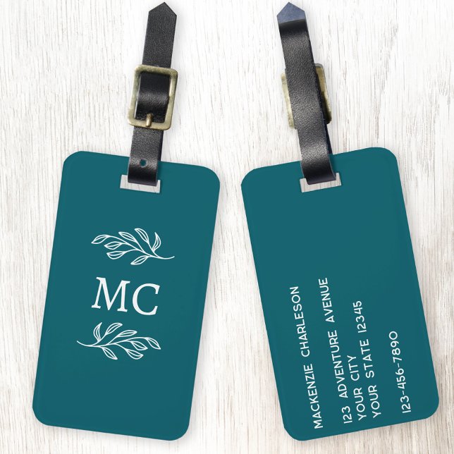 Étiquette À Bagage Personalized Monogram Initials Botanical Leaf (Personalized monogram initial botanical leaf art minimalist teal green luggage tag
)