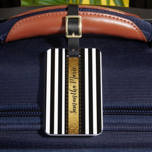 Étiquette À Bagage Personnalisé Black White Gold rayé (Insitu Rectoal 2)