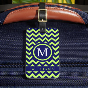 Étiquette À Bagage Personnalisé Bright Lime Green Navy Blue Chevron M