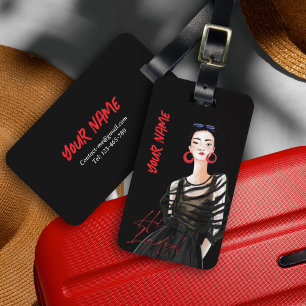 Étiquette À Bagage Personnalisé moderne ville fille noir rouge graphi