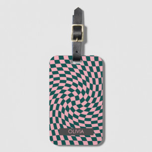 Étiquette À Bagage Personnalisé Retro déformé À damiers rose vert