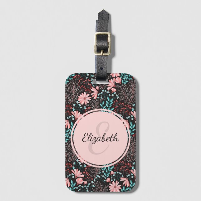 Étiquette À Bagage Personnalisé rose et Turquoise floral foncé (Devant Vertical)