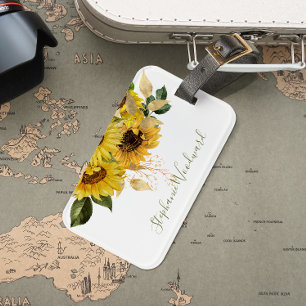 Étiquette À Bagage Personnalisé Rustique tournesol doré vert Floral