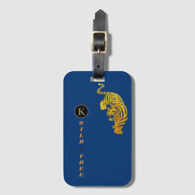 Étiquette À Bagage Personnalisé Wild & Free Tiger Monogramme Marine B (Devant Vertical)