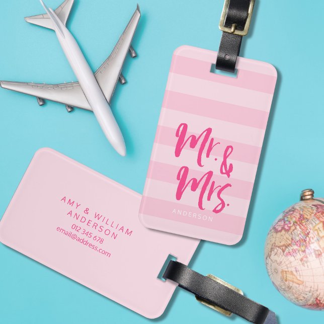 Étiquette À Bagage Personnaliser avec le nom M. et Mme Pink Stripes (Créateur téléchargé)