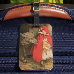 Étiquette À Bagage Petit chapeau rouge vintage et grand loup méchant